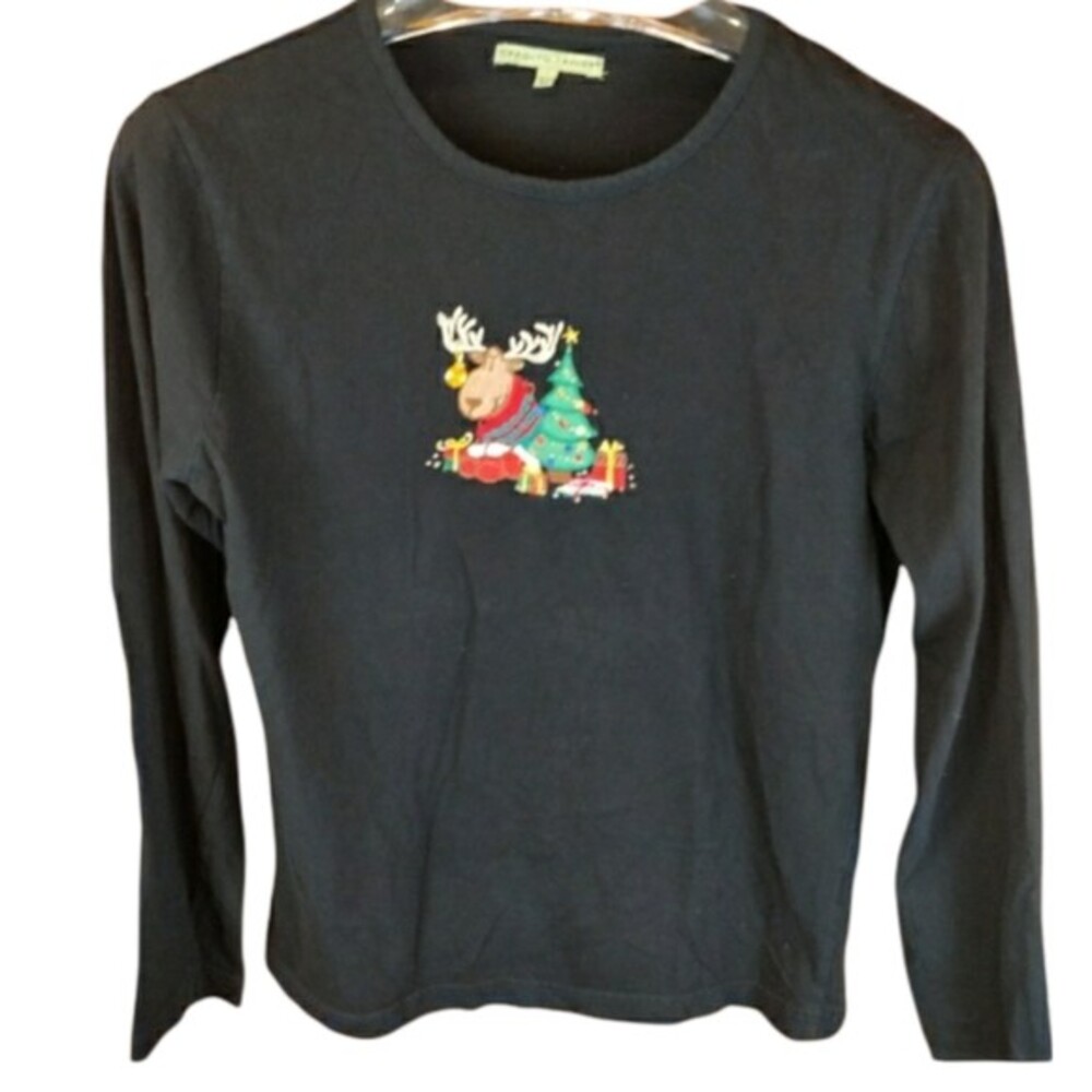Carolyn Taylor Black Reindeer Holiday Top Long Sleeve Fun Christmas Large